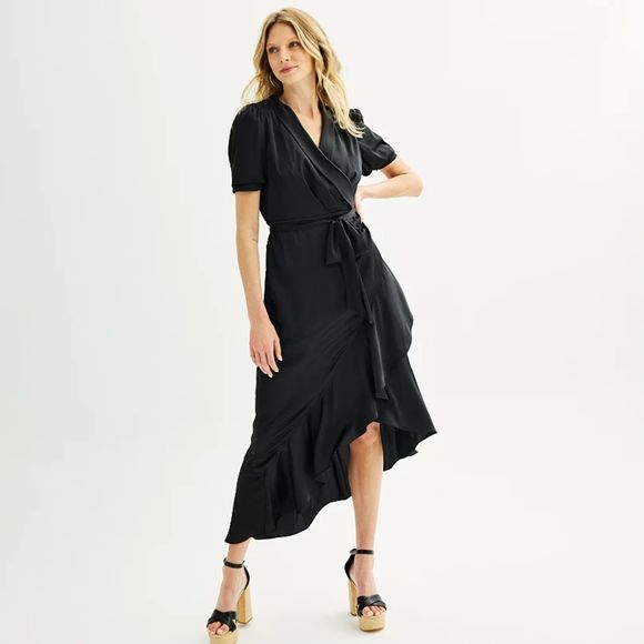 Nine West Dresses & Skirts - Nine West Women's  Ruffled Wrap Midi Dress Black SZ M:NWT
